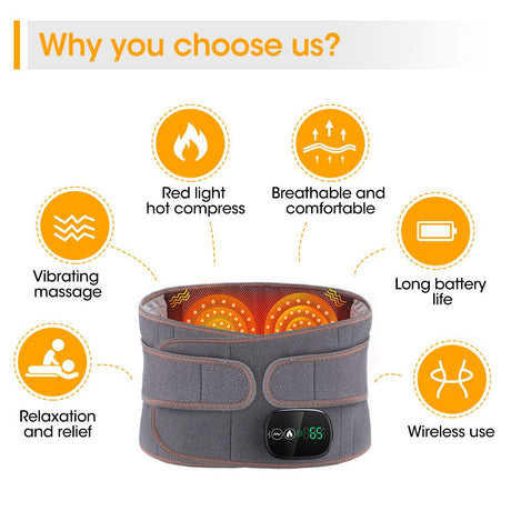 Heated Waist Belt with Vibration Massage – Infrared Heat Therapy, 3 Temp Levels, Rechargeable & Adjustable Strap (GREY)