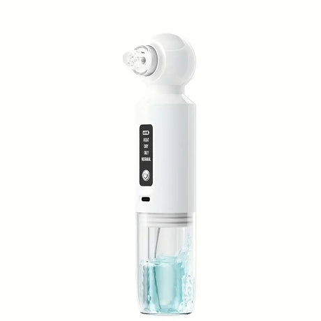 Six-head blackhead cleaner with electric vacuum suction for deep pore cleaning. USB-rechargeable mini bubble facial device features a 3-second long press to activate heating mode, maintaining a constant 46°C temperature.