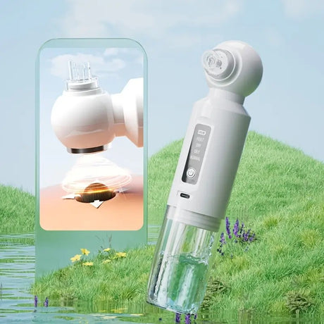 Six-head blackhead cleaner with electric vacuum suction for deep pore cleaning. USB-rechargeable mini bubble facial device features a 3-second long press to activate heating mode, maintaining a constant 46°C temperature.