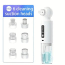 Six-head blackhead cleaner with electric vacuum suction for deep pore cleaning. USB-rechargeable mini bubble facial device features a 3-second long press to activate heating mode, maintaining a constant 46°C temperature.
