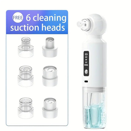 Six-head blackhead cleaner with electric vacuum suction for deep pore cleaning. USB-rechargeable mini bubble facial device features a 3-second long press to activate heating mode, maintaining a constant 46°C temperature.