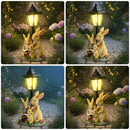 Solar Simulation Rabbit Ornament, charges by day and lights up automatically at night, three rabbits cluster around a street lamp with "WELCOME" bucket, warmly decorates courtyard and balcony, eco-friendly and healing./Rabbit's Kin