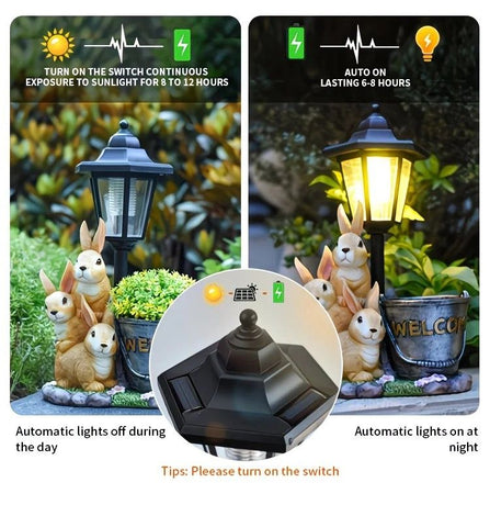 Solar Simulation Rabbit Ornament, charges by day and lights up automatically at night, three rabbits cluster around a street lamp with 