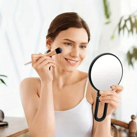 Double-sided Folding Makeup Mirror – 1X/50X Dual Magnification, 360° Rotatable and Foldable for Portability, Three Uses: Handheld, Desktop, Wall-mounted(black)