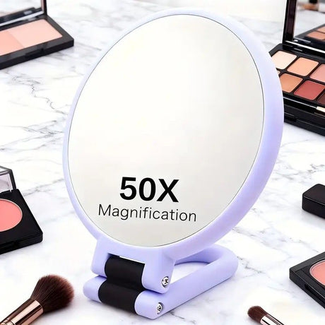 Double-sided Folding Makeup Mirror – 1X/50X Dual Magnification, 360° Rotatable and Foldable for Portability, Three Uses: Handheld, Desktop, Wall-mounted(WHITE)