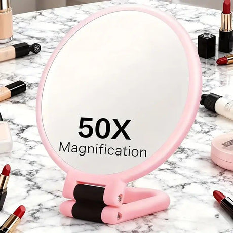 Double-sided Folding Makeup Mirror – 1X/50X Dual Magnification, 360° Rotatable and Foldable for Portability, Three Uses: Handheld, Desktop, Wall-mounted(PINK)