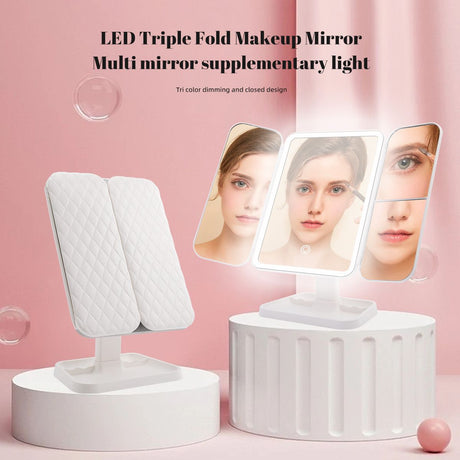 Smart Touch LED Vanity Mirror - 3 Color Dimmable Lights, 270° Adjustable, Rechargeable Desktop Makeup Mirror(pink)