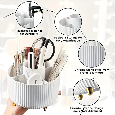 360-Degree Rotating Cosmetic Organizer – 1 Plastic Makeup Storage Box with 5 Compartments – Multi-Purpose Holder for Brushes, Lipsticks, Skincare Products, and Stationery – Durable Odor-Free Desktop Storage Container with Luxurious Stripe Design.WHITE