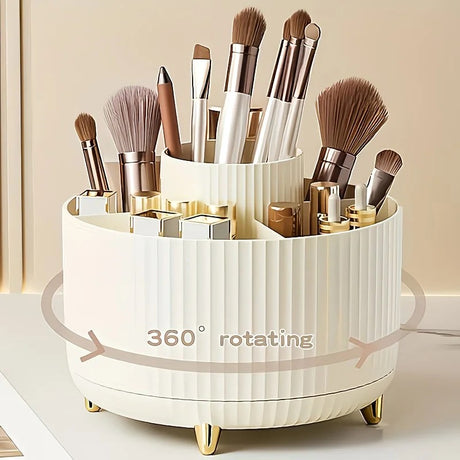 360-Degree Rotating Cosmetic Organizer – 1 Plastic Makeup Storage Box with 5 Compartments – Multi-Purpose Holder for Brushes, Lipsticks, Skincare Products, and Stationery – Durable Odor-Free Desktop Storage Container with Luxurious Stripe Design.WHITE
