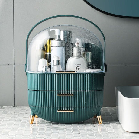 Transparent Flip-top Cosmetic Storage Box: Dustproof, Waterproof, Multi-layer Drawer Organizer, Portable Storage Essential for Desktop and Bathroom.Dark green