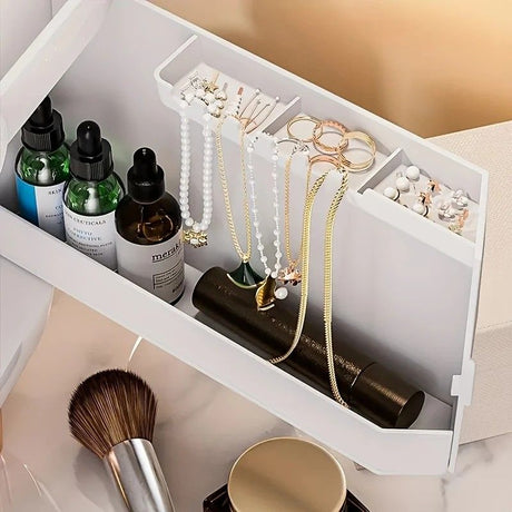 WHITE Luxury Transparent Flip-top Cosmetic Organizer, Large Capacity with Smart Compartments, Dustproof & Silent Drawers, Essential for a Neat Vanity.