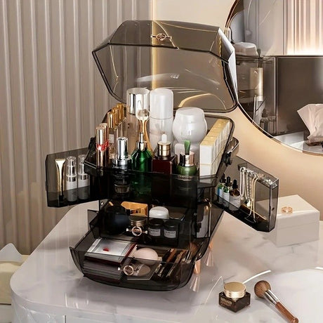 BLACK Luxury Transparent Flip-top Cosmetic Organizer, Large Capacity with Smart Compartments, Dustproof & Silent Drawers, Essential for a Neat Vanity.