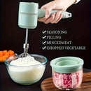 Green Wireless charging handheld mixer, 30W with three-speed settings. Dual whisk heads designed for whipping eggs, cream, and batter. Suitable for both kitchen and outdoor use, also an ideal gift.