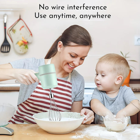 White  Wireless charging handheld mixer, 30W with three-speed settings. Dual whisk heads designed for whipping eggs, cream, and batter. Suitable for both kitchen and outdoor use, also an ideal gift.