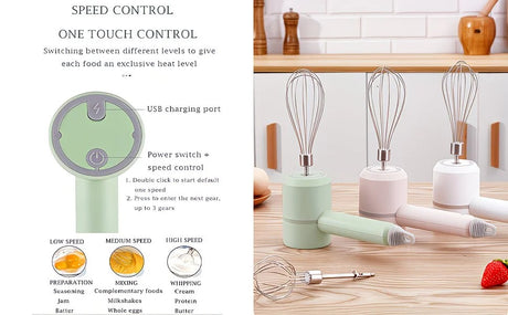 White  Wireless charging handheld mixer, 30W with three-speed settings. Dual whisk heads designed for whipping eggs, cream, and batter. Suitable for both kitchen and outdoor use, also an ideal gift.