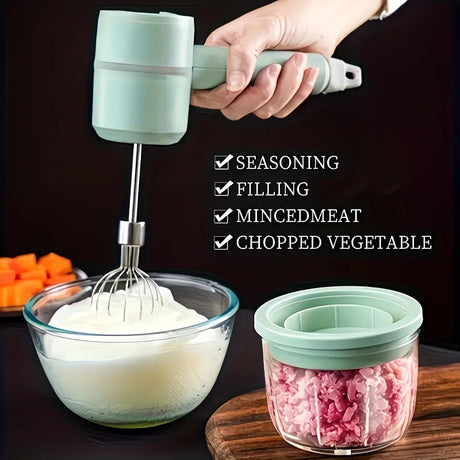 White  Wireless charging handheld mixer, 30W with three-speed settings. Dual whisk heads designed for whipping eggs, cream, and batter. Suitable for both kitchen and outdoor use, also an ideal gift.