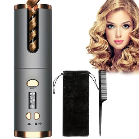 Automatic Hair Curling Wand, Tangle-Free Design, Portable USB Charging Rotating Curling Iron with Ceramic Barrel, Suitable for Long Hair, Fast, Ideal for Hairstyling.Lavender gray