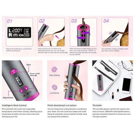 Gray gold Automatic Hair Curling Wand, Tangle-Free Design, Portable USB Charging Rotating Curling Iron with Ceramic Barrel, Suitable for Long Hair, Fast, Ideal for Hairstyling