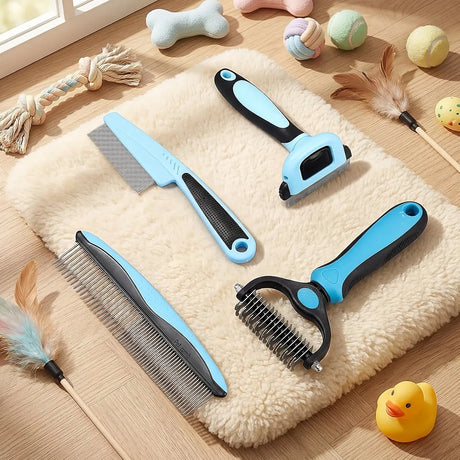 4-Piece Pet Dematting Comb Set – Deshedding & Flea Comb for Cats & Dogs, Fine Tooth & Double-Sided Grooming Tools, Long & Short Hair