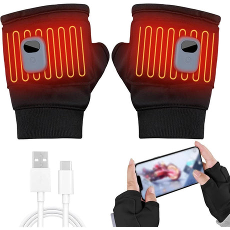 BLACK Professional USB electric heating fingerless gloves, unisex, with LED temperature display, 3-level adjustable heating, and effective cold protection. Suitable for typing, gaming, skiing, and daily wear, this is a practical winter holiday gift.