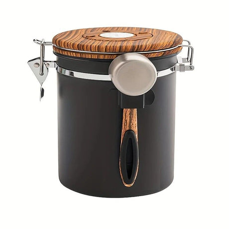 1500ml 304 Stainless Steel Coffee Canister Airtight Coffee Bean Storage Jar with Wood Grain Lid and Scoop