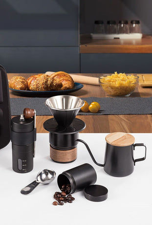6-Piece Pour Over Coffee Set, Coffee Machine Gift Box, Pour Over Coffee Kettle, Coffee Cup, Coffee Bean Grinder Set.black