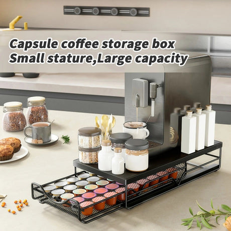 1pc Metal Coffee Capsule Storage Box Drawer Style Dustproof Organizer with Adjustable Grid for Tea Bags Capsules Multifunctional Organizer for Kitchen Office Home