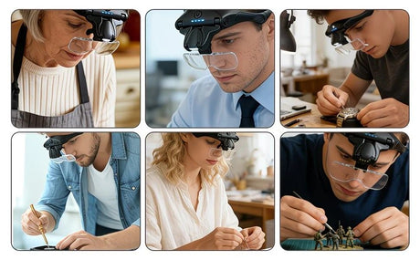 Head-mounted rechargeable magnifier, high-definition lenses with LED lighting, dual wearing modes for flexible switching, full-dimensional adjustment for precision work, lightweight, scratch-resistant, and durable, long battery life supporting repair and
