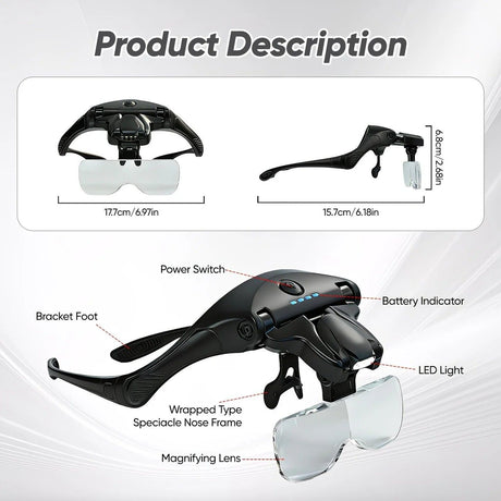 Head-mounted rechargeable magnifier, high-definition lenses with LED lighting, dual wearing modes for flexible switching, full-dimensional adjustment for precision work, lightweight, scratch-resistant, and durable, long battery life supporting repair and