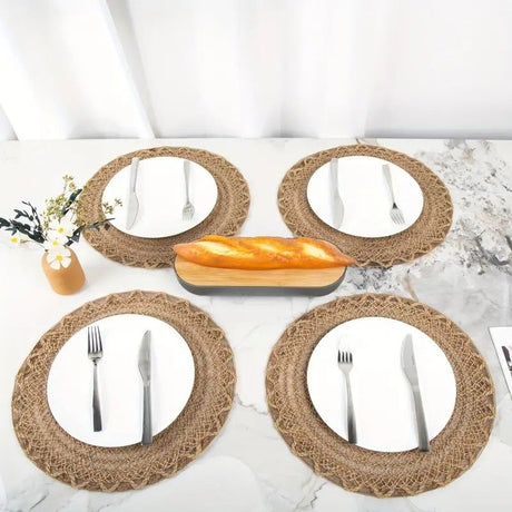 4pcs Nordic Style Round Table Mat, Exquisite Openwork Weave, Polyester Hemp-Like Texture, 38cm Dining Mat, Heat-Resistant and Easy to Care For