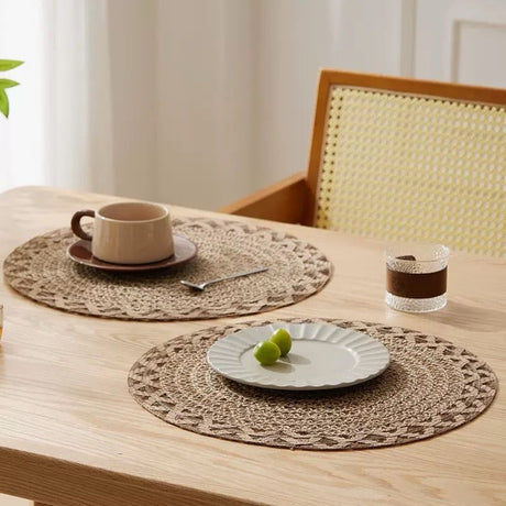 4pcs Nordic Style Round Table Mat, Exquisite Openwork Weave, Polyester Hemp-Like Texture, 38cm Dining Mat, Heat-Resistant and Easy to Care For