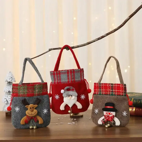 Christmas Plush Bell Bags 3-Pack: Snowman, Reindeer & Santa, Filled with Joy and Surprise