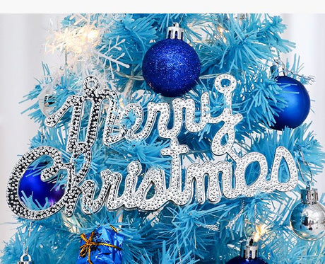 60cm Blue Mini Christmas Tree Set | Includes Star Topper, Letter Sign, Ornament Balls & Snowflake Decorations, Fresh & Dreamy Desktop Holiday Décor (No Lights Version)