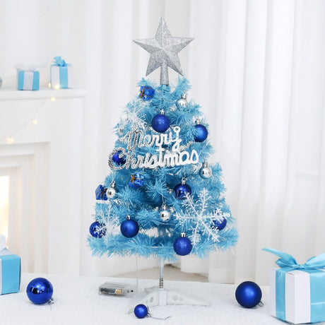 60cm Blue Mini Christmas Tree Set | Includes Star Topper, Letter Sign, Ornament Balls & Snowflake Decorations, Fresh & Dreamy Desktop Holiday Décor (Lighted Version: LED Battery Warm Light Lamp)