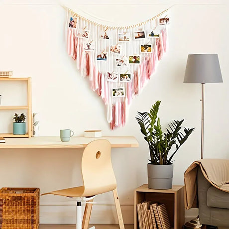 Bohemian Woven Wooden Bead Tassel Photo Wall Hanging: Cotton Handmade Clip-On Tapestry, Warm and Healing Decoration for Bedroom and Living Room