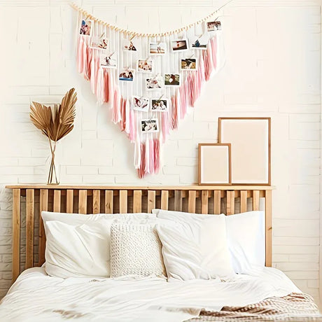 Bohemian Woven Wooden Bead Tassel Photo Wall Hanging: Cotton Handmade Clip-On Tapestry, Warm and Healing Decoration for Bedroom and Living Room