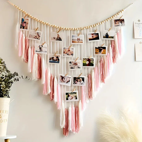 Bohemian Woven Wooden Bead Tassel Photo Wall Hanging: Cotton Handmade Clip-On Tapestry, Warm and Healing Decoration for Bedroom and Living Room