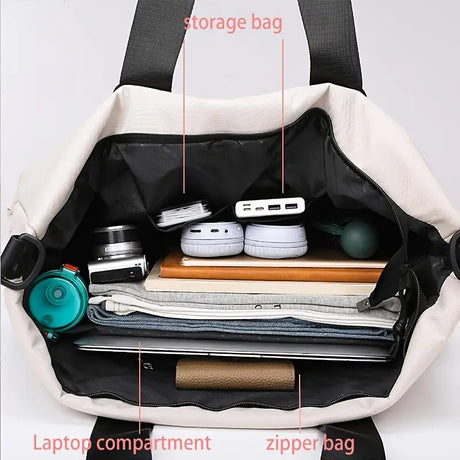 White Large-capacity travel tote bag, lightweight carry-on luggage with shoulder strap, gym bag, portable laptop bag, ideal for short trips, hand-carry style.