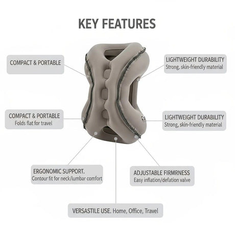 Inflatable Travel Pillow | Multi-Scene Ergonomic Design, 3-Second Inflate/Deflate, Relieves Travel Fatigue.(GREY)
