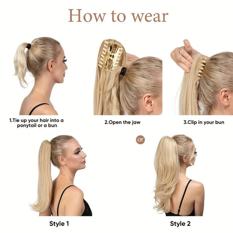 Clip-on Ponytail Hairpiece — Dual-use design, rotate 180° to switch between styles. Made of synthetic fiber, it's easy and quick to wear. Special craftsmanship ensures a natural, realistic look once put on.(BLACK BROWN)