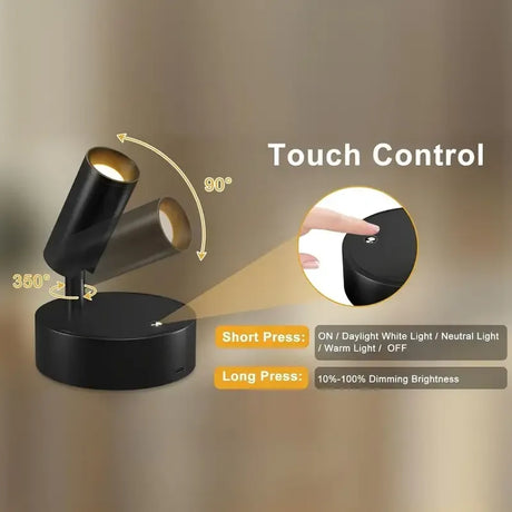 Drill Free Magnetic Charging Spotlight, 2000mAh Long Battery Life Touch Dimming, 350 Degree Rotation Multi Scene, Easily Create Home Ambiance/black