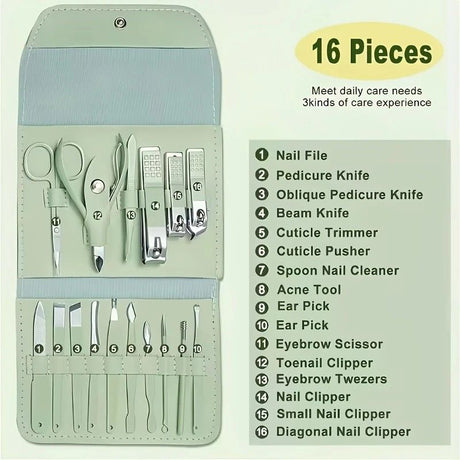 16-Piece Nail Care Set | Portable & Professional, One Box for Hand & Foot Details。green