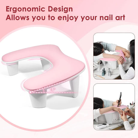 BLACK This handheld nail care device integrates a U-shaped pillow and comes with a portable detachable stand. Designed with an inclined PU material and a sturdy base, it is crafted for both comfort and portability.