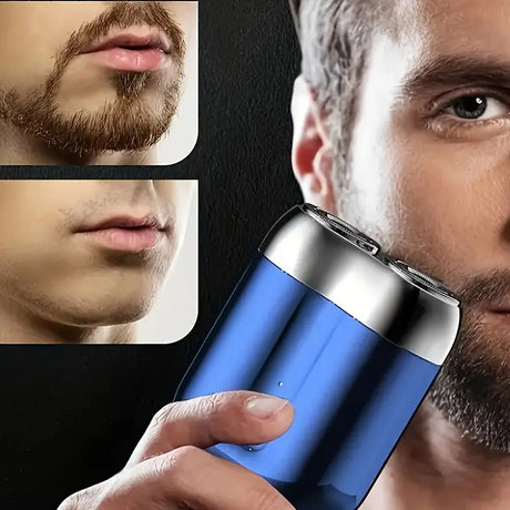 Blue Men's Mini Electric Shaver, with USB-C Fast Charging, detachable dual-head system, portable design ideal for travel and business trips.