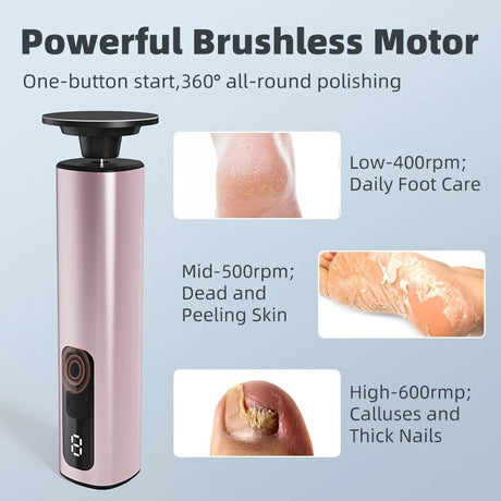 Grey Electric Foot File: 3-Speed Adjustable Nano-Level Filing, Type-C Fast Charge, Long Battery Life, Washable & Replaceable Heads, At-Home & Travel Foot Renewal Care