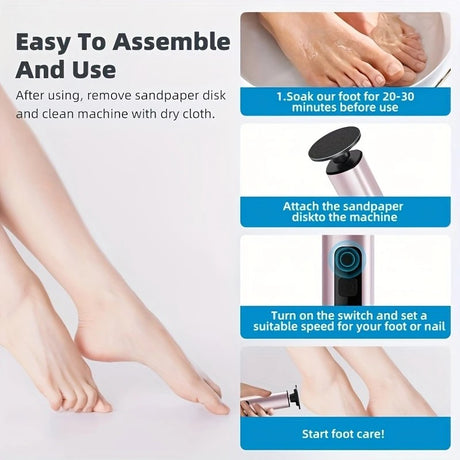 Grey Electric Foot File: 3-Speed Adjustable Nano-Level Filing, Type-C Fast Charge, Long Battery Life, Washable & Replaceable Heads, At-Home & Travel Foot Renewal Care
