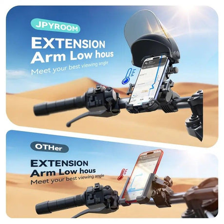 Riding phone mount: anti-vibration, anti-loosening, quick release; extended arm and sun visor for clear visibility in bright light; rock-solid in rain and on rough roads; compatible with all vehicles, perfect for commuting and off-road riding.