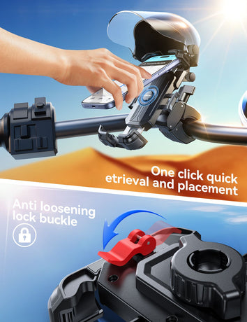 Riding phone mount: anti-vibration, anti-loosening, quick release; extended arm and sun visor for clear visibility in bright light; rock-solid in rain and on rough roads; compatible with all vehicles, perfect for commuting and off-road riding.