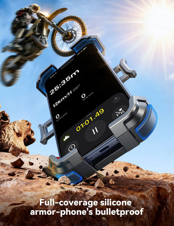 Riding phone mount: anti-vibration, anti-loosening, quick release; extended arm and sun visor for clear visibility in bright light; rock-solid in rain and on rough roads; compatible with all vehicles, perfect for commuting and off-road riding.