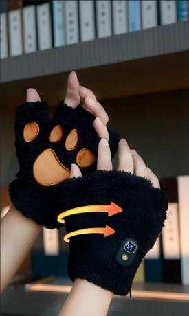 WHITE Cat Paw Fingerless Electric Heating Gloves, 3 adjustable heating levels, washable, 2000mAh battery, fluffy and warm, perfect for study and entertainment, ideal gift for birthdays and Christmas.